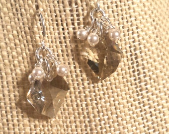 Silver Tint Swarovski Crystal Pendant Drop with Swarovski Crystal Pearls on Silver Filled Earrings Silver Crystal and Pearl Earrings