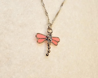 Sterling Silver, Pink Enamel Dragonfly Pendant on 18 Inch Sterling Silver Necklace, Dragonfly Necklace, Dainty Dragonfly Pendant