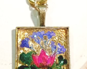 Real Pressed Flowers, Pink Boronia, Blue Forget Me Nots, on Glass Cabochon in Square Brass Pendant, 24 Inch Twisted Brass Chain, Floral