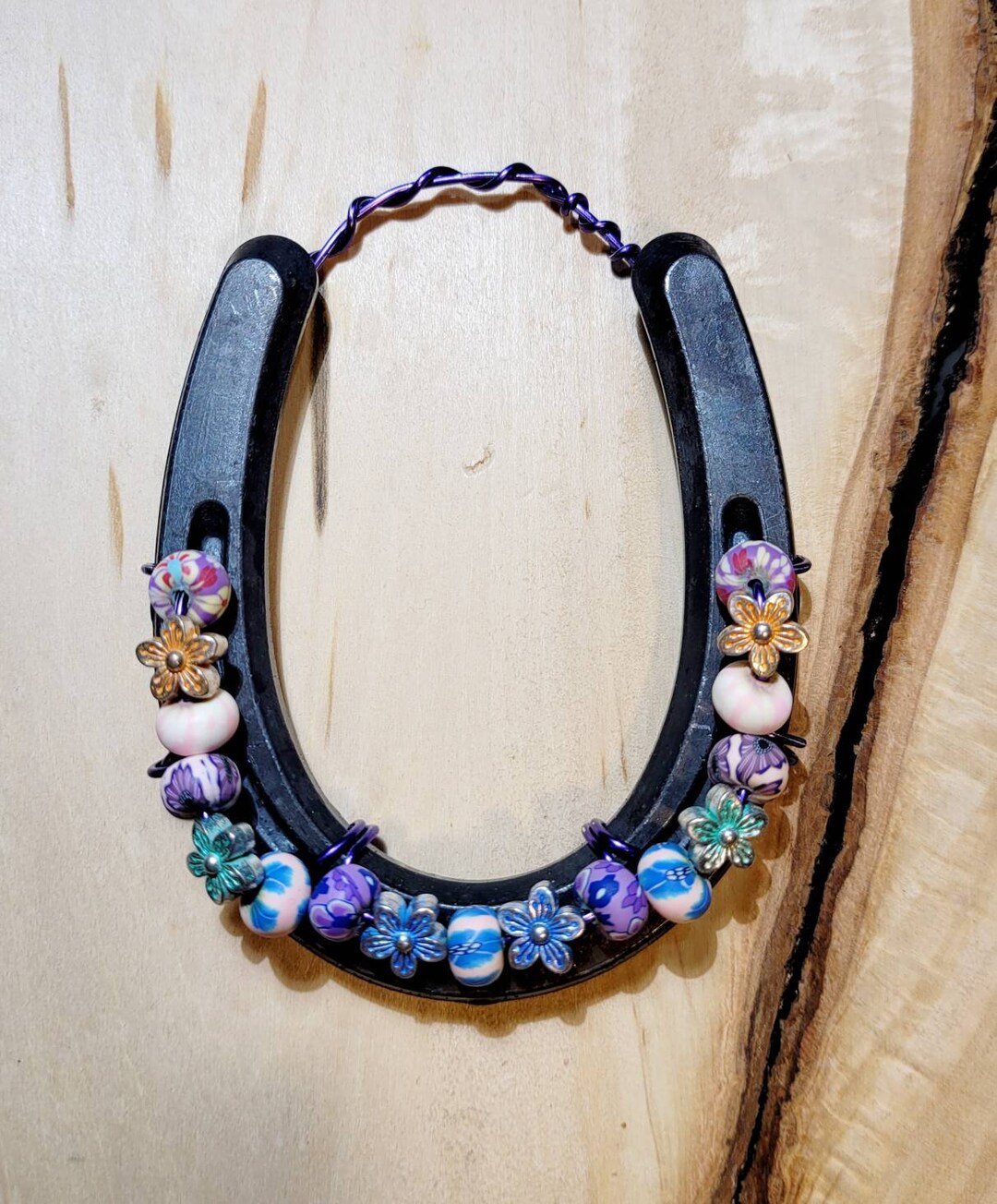 Polymer Clay Beaded Horseshoe, Lucky Hanging Beaded Horseshoe, Floral
