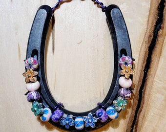 Polymer clay beaded horseshoe, lucky hanging beaded horseshoe, floral beads horseshoe, pink and blue horseshoe, horseshoe art