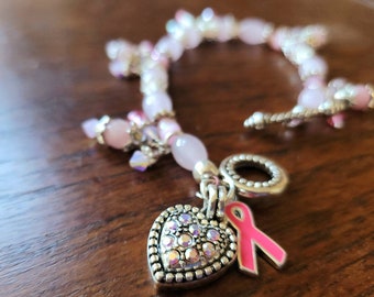 Pink Ribbon Charm 7 Inch Beaded Bracelet, Pink Swarovski Crystals, Swarovski Crystal Heart Charm, Breast Cancer Survivor Crystal Bracelet