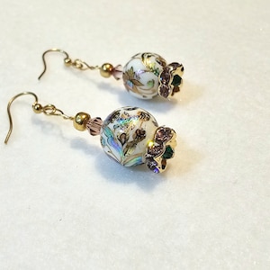 Japanese Tensha Dangling Earrings with Lavender Crystal Accents, Floral Japanese Tensha Pattern on White Beads, Blue and Lavender Colors