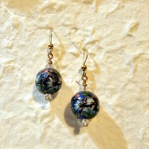 Blue Floral Japanese Tensha Earrings in 14K Gold Filled Hooks, Dangling Japanese Tensha Earring Beads, Shades of Blue Floral Design, Flowers