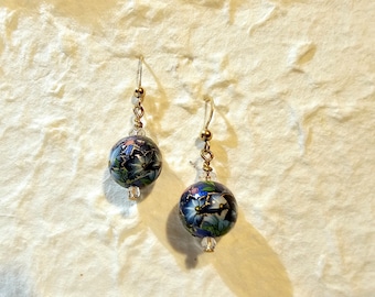 Blue Floral Japanese Tensha Earrings in 14K Gold Filled Hooks, Dangling Japanese Tensha Earring Beads, Shades of Blue Floral Design, Flowers
