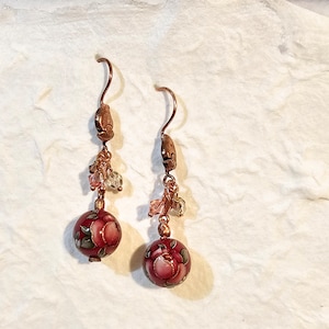 Deep Red Japanese Tensha Rose Floral Pattern Bead Earrings on Copper Hardware, Copper Earrings Red Rose Tensha with Gold Etching, Crystals