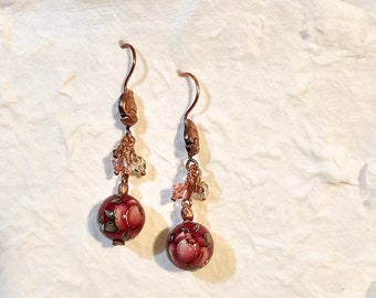 Deep Red Japanese Tensha Rose Floral Pattern Bead Earrings on Copper Hardware, Copper Earrings Red Rose Tensha with Gold Etching, Crystals