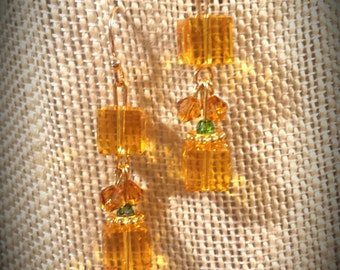 Glowing Amber Swarovski Crystal Cubes, Dangling Amber Bicone Crystals, Hint of Green on 14K Gold Filled Earrings Swarovski Crystal Amber
