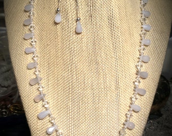 Sale Pale Powder Blue Natural Chalcedony Teardrops, Swarovski Crystals, Swarovski Pearls 19 Inch Necklace, Chalcedony Earrings