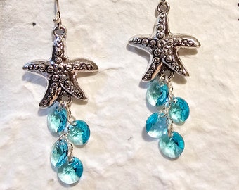 Dangling Silver Metal Starfish Earrings with Turquoise or Aqua Colored Swarovski Crystal Circles Silver Starfish Earrings with Aqua Crystals