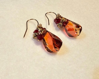 Amber Swarovski Crystals on 14K Gold Filled Hook Earrings, Dangling Amber and Red Swarovski Crystal Gold Filled Earrings