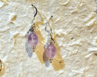 Light Purple Amethyst Teardrop Earrings on Sterling Silver Hooks with Swarovski Crystals, Sterling Silver Amethyst Teardrop Earrings