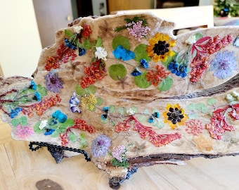 SALE Real Pressed Flowers on Rustic, Piece of twisted Tree Bark, Tree Bark Art Made in Colorado, Flowers on Tree Bark Shelf or Wall Piece