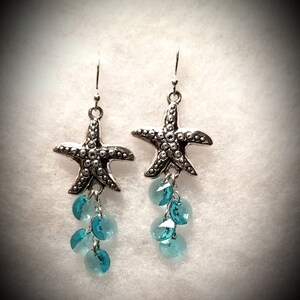 Dangling Silver Metal Starfish Earrings with Turquoise or Aqua Colored Swarovski Crystal Circles Silver Starfish Earrings with Aqua Crystals image 4