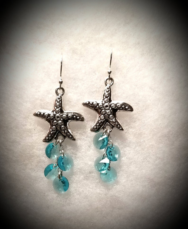 Dangling Silver Metal Starfish Earrings with Turquoise or Aqua Colored Swarovski Crystal Circles Silver Starfish Earrings with Aqua Crystals image 4