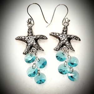 Dangling Silver Metal Starfish Earrings with Turquoise or Aqua Colored Swarovski Crystal Circles Silver Starfish Earrings with Aqua Crystals image 5