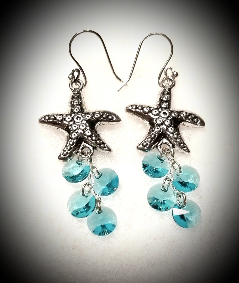 Dangling Silver Metal Starfish Earrings with Turquoise or Aqua Colored Swarovski Crystal Circles Silver Starfish Earrings with Aqua Crystals image 5