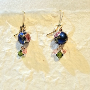 Japanese Tensha Dangling Blue Bead Earrings, Pink Rose Pattern with Swarovski Crystals, Floral Japanese Tensha Earrings Blue wirh Roses
