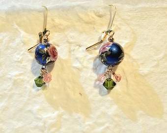 Japanese Tensha Dangling Blue Bead Earrings, Pink Rose Pattern with Swarovski Crystals, Floral Japanese Tensha Earrings Blue wirh Roses