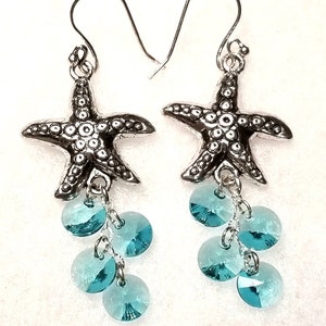 Dangling Silver Metal Starfish Earrings with Turquoise or Aqua Colored Swarovski Crystal Circles Silver Starfish Earrings with Aqua Crystals image 3