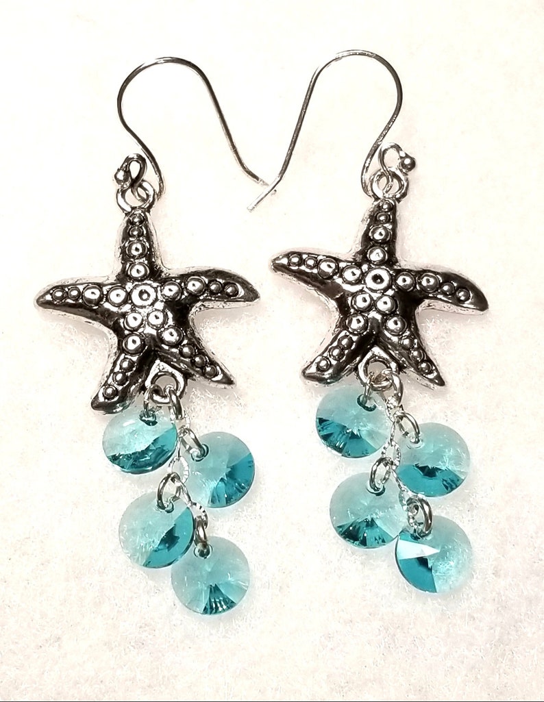 Dangling Silver Metal Starfish Earrings with Turquoise or Aqua Colored Swarovski Crystal Circles Silver Starfish Earrings with Aqua Crystals image 3