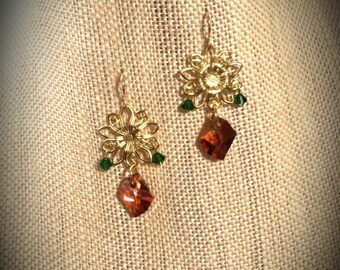 Amber Swarovski Crystal Drop Pendant and Stamped Brass Flowers on Gold Finished Steel French Wire Earrings