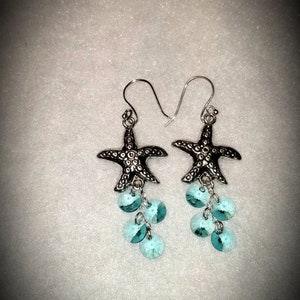 Dangling Silver Metal Starfish Earrings with Turquoise or Aqua Colored Swarovski Crystal Circles Silver Starfish Earrings with Aqua Crystals image 2