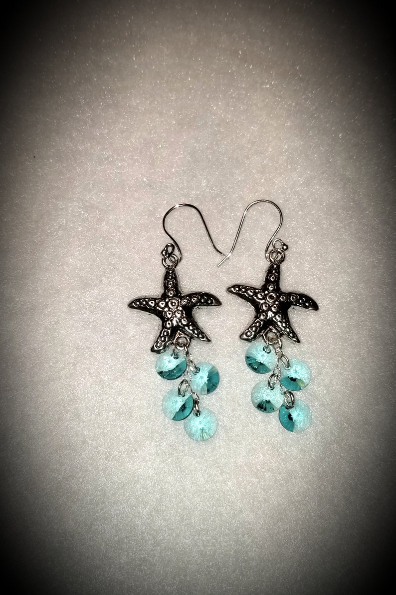 Dangling Silver Metal Starfish Earrings with Turquoise or Aqua Colored Swarovski Crystal Circles Silver Starfish Earrings with Aqua Crystals image 2