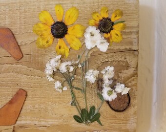 Real Pressed White Baby's Breath and Black Eyed Susans Sunflowers on Rustic, Colorado Fencing Welcome Sign Rusted Tin Lettering Welcome Sign