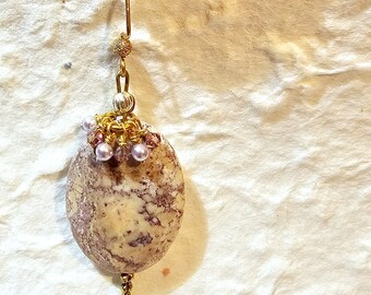 Oval Lavender, Cream Colored Agate Stone Drop, Dangling Earrings with Swarovski Crystals, Acrylic Pearls on Decorative Gold Finished Hooks