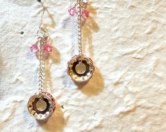 Pink Swarovski Crystals, Pink Crystal Silver Disc, Dangling Sterling Silver Earrings, Pink Swarovski Crystal and Sterling Silver Earrings