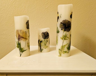 Real Pressed Flowers, Pressed Petunias on Candles, Set of Three Flameless Candles with Remote Control, Pressed Flowers, Ivory Color, Trio