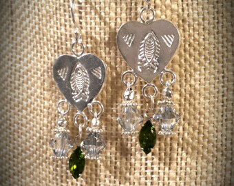 Solid Sterling Silver Hearts with Stamped Decorative Fish, Dangling Swarovski Crystals Pale Ice Blue & Deep Green on Sterling Earrings