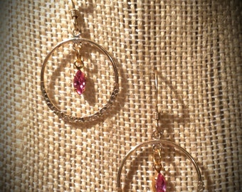 Gold Filled Earrings with Gold Filled, Decorative Stamped Dangling Hoops with Darling Pink Swarovski Crystals Inside Gold Filled Hoops