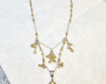 Golden Beryl Statement Piece Necklace with Cloisonne Pendant, Golden Beryl Stone and Sterling Silver 24 Inch Necklace Set with Earrings
