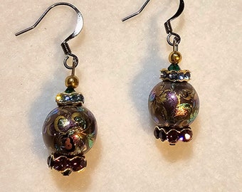 Purple, Aqua, Gold Shimmering Japanese Tensha Earrings with Swarovski Crystals, Floral Pattern Earrings