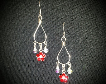 Sterling Silver Flower Earrings with Red Cubic Zirconia Petals, Swarovski Crystals, Teardrop Sterling Red Flower Earrings Red and Silver