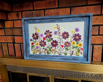 Real Pressed Flower Art in Rustic, Wooden, Slate Blue 21 x 13 Frame, Rustic Wildflower Art, Purple Cosmos and Colorful Wildflowers Framed