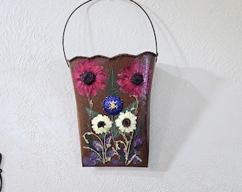Rustic, Rusty Tin Hanging Flower Basket with Real Pressed Flower Design on Front, Tin Flower Basket with Real Pressed Flowers