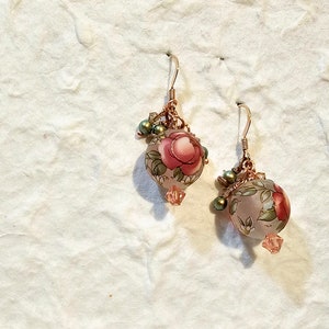 Japanese Tensha Floral Earrings on Copper Hardware, Rose and Sage Colored Japanese Tensha Round Bead Earrings with Crystal Accents, Copper