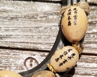 Real Iron Horseshoe Beaded with Natural Hemp Cord and Tan Colored Beads, Chinese Writing and Floral Decor Beads, Natural Horn Beads