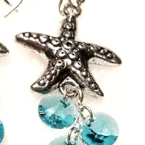 Dangling Silver Metal Starfish Earrings with Turquoise or Aqua Colored Swarovski Crystal Circles Silver Starfish Earrings with Aqua Crystals image 1