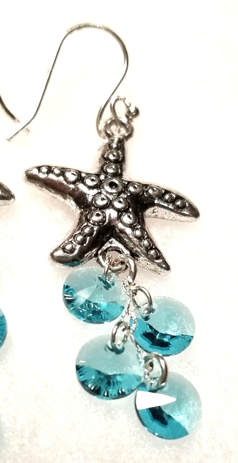 Dangling Silver Metal Starfish Earrings with Turquoise or Aqua Colored Swarovski Crystal Circles Silver Starfish Earrings with Aqua Crystals image 1