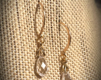 Clear & Faceted Swarovski Crystal Teardrops with Leaf Design Bails on Gold Filled Round Earrings