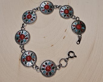 Linked Metal Disc Bracelet, Seven and Half Inches, Red Green Light Blue Enamel Flower Design, Antiqued Silver, Floral Design Bracelet
