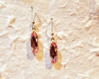 Light Pink Swarovski Oval Crystal Dangling, Drop Earrings on Sterling Silver Hook Style Hardware, Pink Swarovski Crystal Earrings