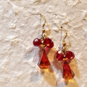 Amber, Scarlet Red Swarovski Crystal Dangling, Drop 14K Gold Filled Earrings, Red Amber Crystal Earrings on Gold Filled Hook Earrings