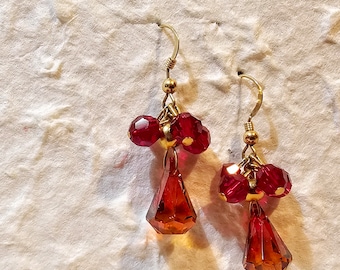 Amber, Scarlet Red Swarovski Crystal Dangling, Drop 14K Gold Filled Earrings, Red Amber Crystal Earrings on Gold Filled Hook Earrings