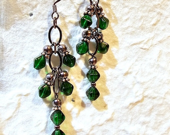 Rich Green Czech Glass Beads on Graphite Hook Earring Hardware, Dangling, Green, Czech Glass Earrings on Graphite Hooks, Green Bead Earrings