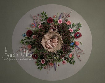 Newborn Digital Backdrop - Green Circle Heather Flower Wreath